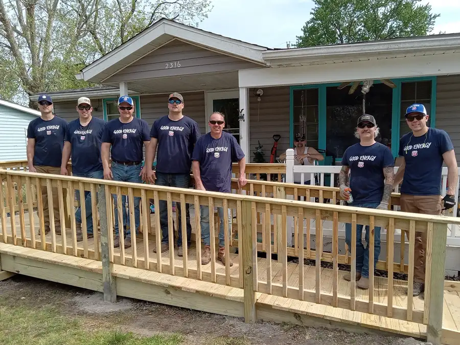 Rebuilding Together Southwest Illinois - Unsafe steep wheelchair ramp replacement project - group of volunteers- April 2024